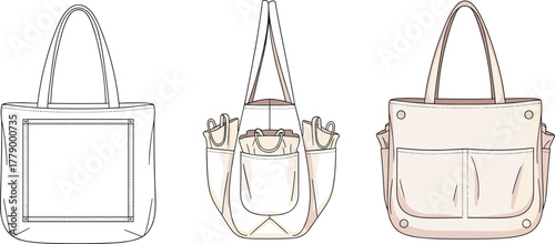 Tote bag collection with pockets, drawstring closure, fashion accessory design, front side view, flat sketch, reusable canvas shopper, cad drawing flat vector illustration