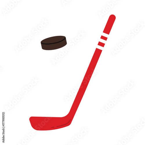Minimal red hockey stick and black puck isolated on white background for Czech Republic sports vector illustration