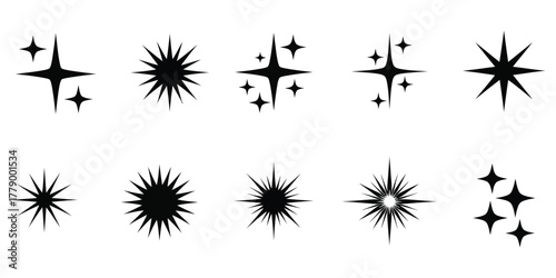 A collection of black sparkle and star vector icons. Set of various starburst, twinkle, and shine symbols for graphic design