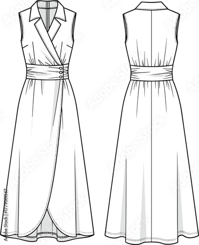 Sleeveless wrap dress flat sketch, collared long dress CAD drawing, belted waist dress technical illustration, women’s fashion vector template design