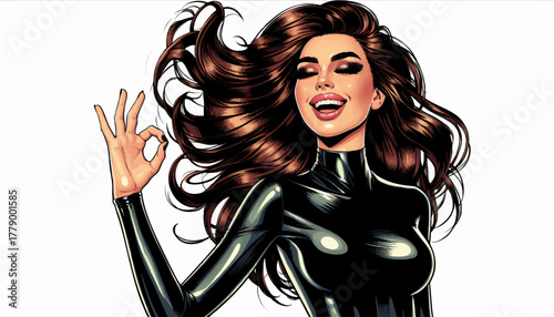 Confident woman with voluminous hair wearing shiny black outfit, smiling with eyes closed and making an OK hand sign. Generative ai vector colorful pop art illustration.