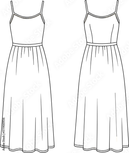 Sleeveless midi dress technical flat sketch, front and back view, spaghetti strap fashion design, waistband detail, cad drawing flat vector illustration