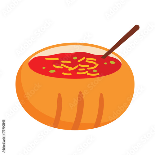 Czech bread bowl filled with red soup and noodles, isolated on white background vector illustration