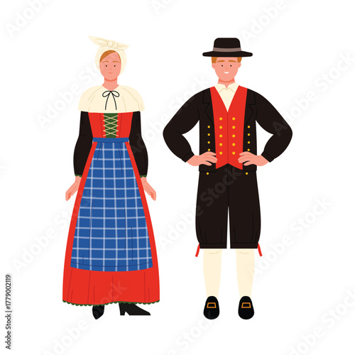 Man and woman in traditional Denmark folk costumes standing isolated on white background vector illustration