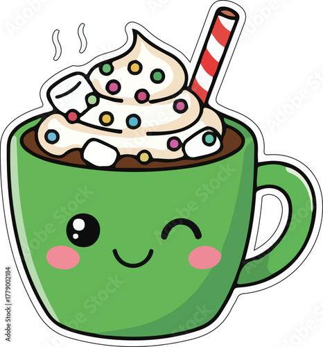 Kawaii Christmas hot chocolate in a cute winking mug