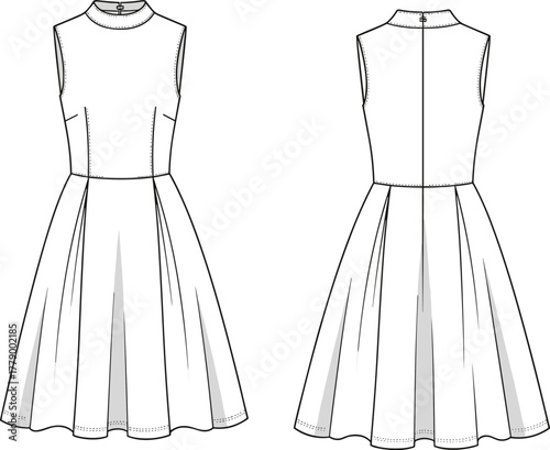 Sleeveless pleated dress technical flat sketch, front and back view, high neckline fitted bodice, flared skirt design, cad drawing flat vector illustration