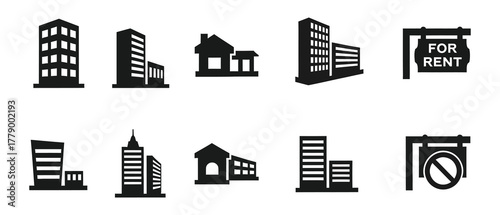 A collection of black silhouette icons representing real estate, including apartment buildings, office complexes, and rental signs for property management