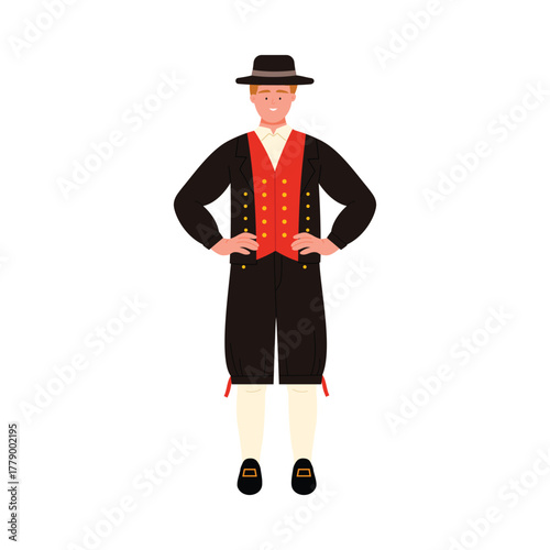 Smiling Danish man wearing traditional folk costume standing isolated on white background vector illustration