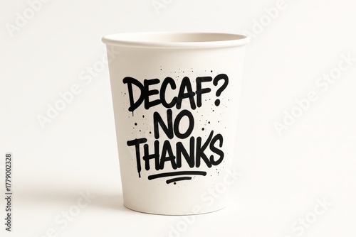Paper coffee cup with bold handwritten text decaf no thanks on white background, minimal modern design with funny caffeine quote.