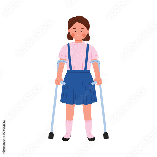 Young disabled girl using crutches standing isolated on white background for accessibility awareness vector illustration