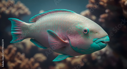 Fototapeta Naklejka Na Ścianę i Meble -  Vibrant parrotfish swimming near coral reefs marine life illustration
