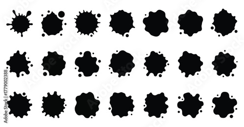 A versatile set of black ink splatters and paint blot shapes. Vector illustration collection of abstract grunge elements for creative design