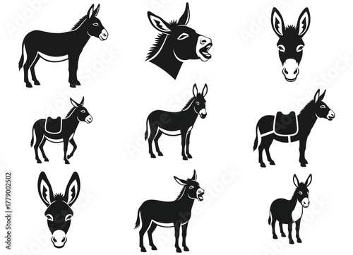 A collection of black vector donkey illustrations. This set features various poses, silhouettes, and headshots, perfect for logos or icons of farm animals