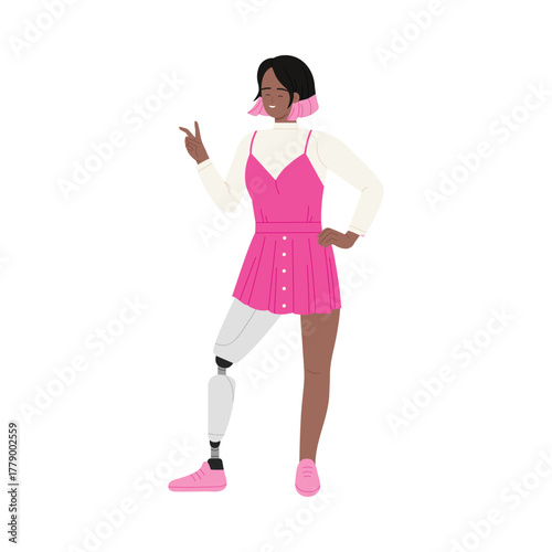 Young disabled woman with prosthetic leg posing confidently in pink dress on isolated background vector illustration