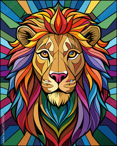 lion real, Stained Glass Style , rainbow color