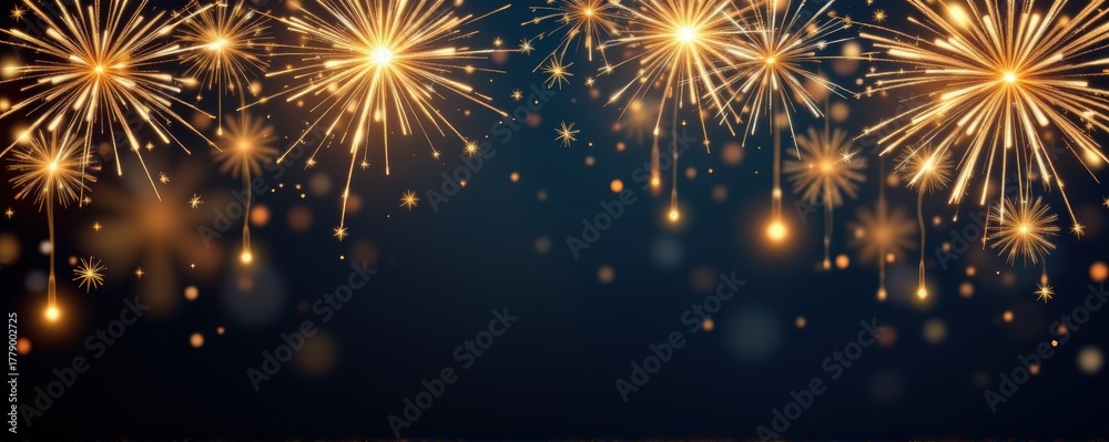 Naklejka premium Wide horizontal banner with metallic gold fireworks cascading from upper corners