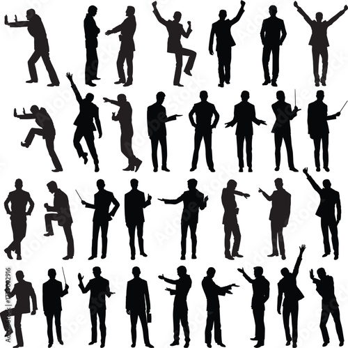 set of businessman silhouettes in different poses and gestures