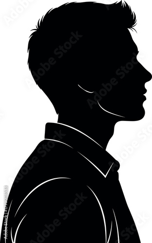 Black silhouette male profile illustration, side view man with tousled hair and collared shirt, minimalist vector art, abstract portrait design