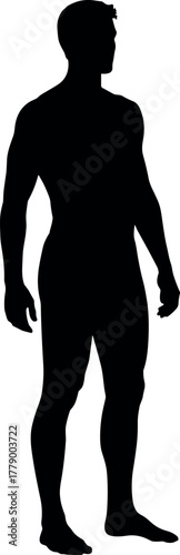 Black silhouette male standing profile illustration, full body side view man in relaxed pose, minimalist vector art, abstract human design