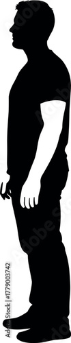 Black silhouette male standing profile illustration, side view man in short sleeve shirt and pants, minimalist vector art, abstract human design