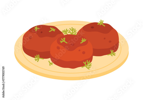 Three Israeli falafel balls served on a plate with herbs, isolated on white background vector illustration