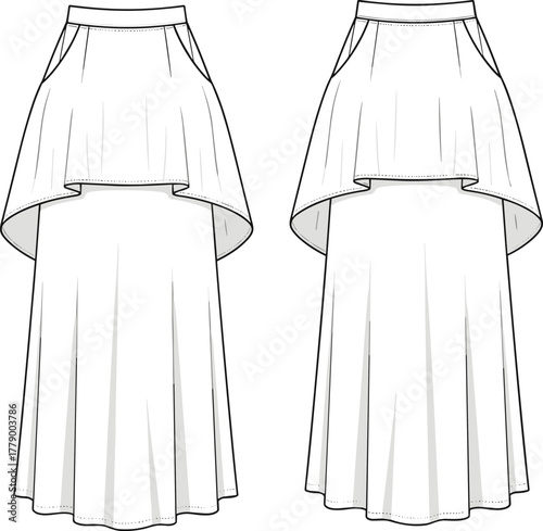 High low layered skirt technical flat sketch, front and back view, cascading hemline fashion design, panel construction detail, cad drawing flat vector illustration