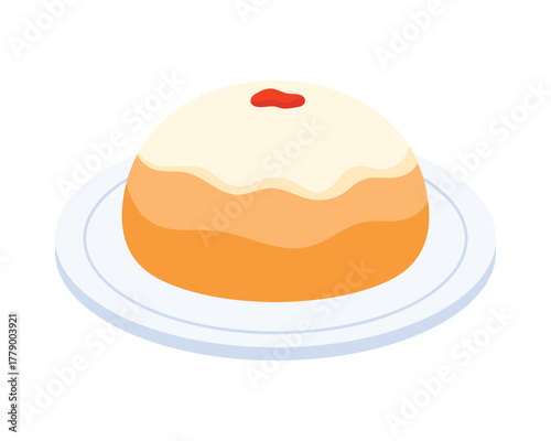 Isolated Israeli dessert cake with icing and cherry on a plate, simple food vector illustration