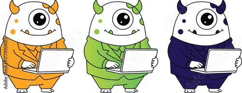 A cute one-eyed monster character in a business suit working on a laptop. Fun cartoon mascot for business, technology, office work, freelancer, and startup themes. Perfect for branding, presentation, 