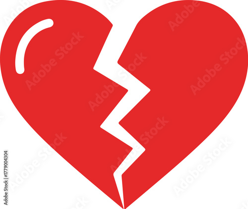 Red Heart broken to two pieces vector illustration icon or logo, broken heart concept, breakup or divorce, heartbreak regret, separated couple, tragic love. Broken Red Heart Emoji.