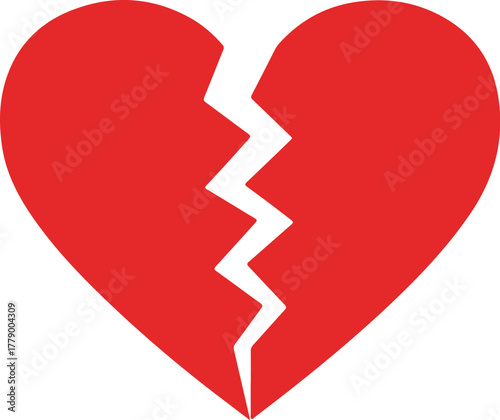 Red Heart broken to two pieces vector illustration icon or logo, broken heart concept, breakup or divorce, heartbreak regret, separated couple, tragic love. Broken Red Heart Emoji.