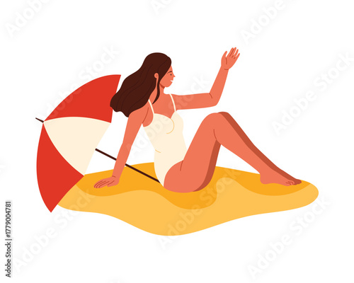 Isolated woman in swimsuit sitting on sand under umbrella enjoying summer vacation vector illustration