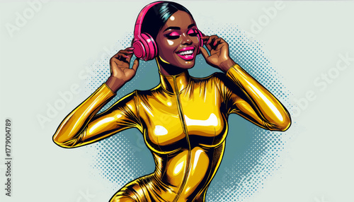 Stylish woman in shiny gold outfit, wearing pink headphones and sunglasses, raising fist with confident joyful expression. Generative ai vector colorful pop art illustration.