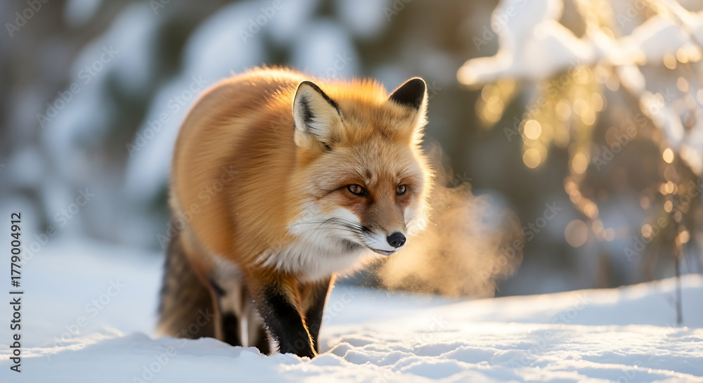 Obraz premium Red Fox in Winter Forest Steaming Breath Golden Hour Snow