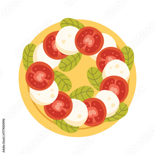 Top view of Italian caprese salad with tomato mozzarella and basil on isolated plate vector illustration