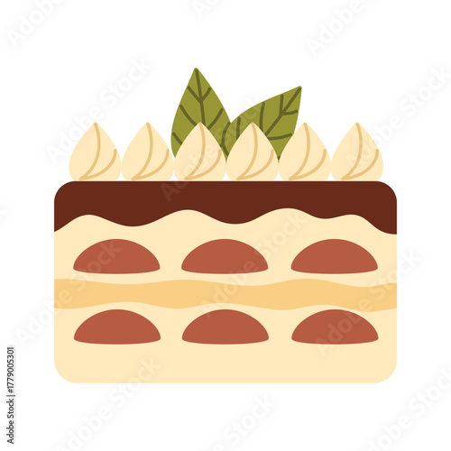 Flat isolated tiramisu cake with cream and leaves, perfect for Italian food design vector illustration