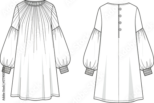 Fashion dress flat sketch, bishop sleeve garment design, gathered neckline, back button placket, technical CAD drawing, flat vector illustration