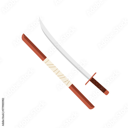 Classic Japanese katana sword and sheath on white background, isolated weapon vector illustration