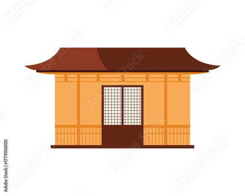 Minimalist isolated Japanese house with brown roof and sliding doors on white background vector illustration