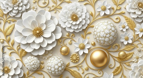 Elegant white and gold floral pattern with intricate details