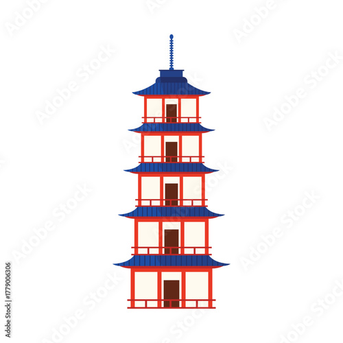 Colorful Japanese pagoda building with blue roof isolated on white background vector illustration