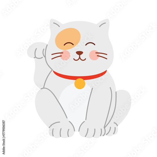 Isolated smiling maneki neko cat with raised paw and red collar on white background vector illustration