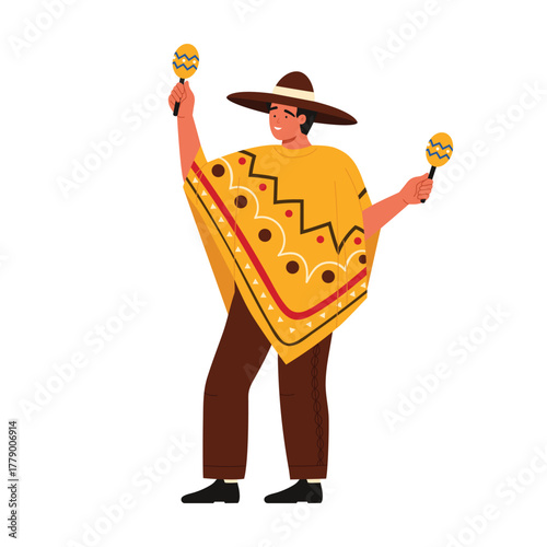 Smiling man in traditional Mexican poncho and sombrero holding maracas, isolated on white vector illustration