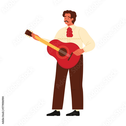 Isolated male mariachi in traditional outfit performing with red guitar on white background vector illustration