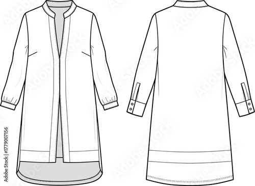 Cad drawing flat vector illustration, technical fashion tunic shirt sketch front and back, v neck long sleeve high low hem design