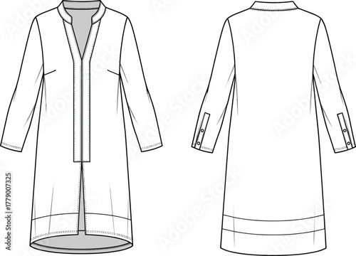 Cad drawing flat vector illustration, technical fashion tunic sketch front and back, v neck long sleeve high low hem garment design