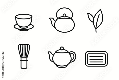 Tea icons set: cup, teapot, leaf, whisk, tea box