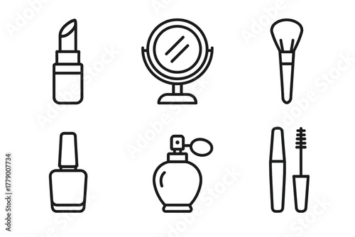 Line icons of lipstick, mirror, brush, nail polish, perfume, mascara