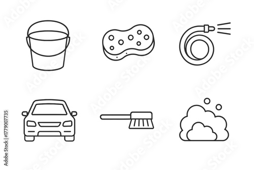 Car cleaning tools icon set including bucket, sponge, hose, car, brush, suds