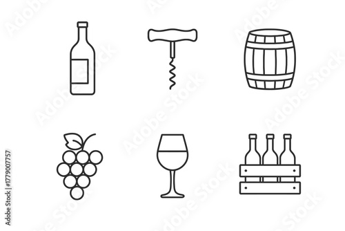Wine icons: bottle, corkscrew, barrel, grapes, glass, crate