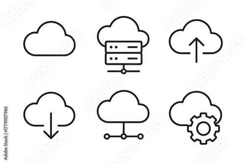 Simple black line cloud icons for data storage and synchronization